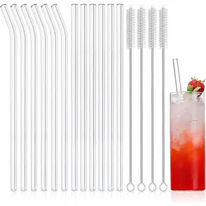 16-Pack Reusable Glass Straws, Clear Glass Drinking Straw, 10''x10 MM, Set of 6 Straight and 6 Bent with 4 Cleaning Brushes -  for 16 oz Glass Cups, Milkshakes, Juice - Dishwasher Safe