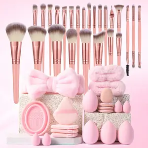 45PCS All-in-One Makeup Tools Set, 25PCS Synthetic Makeup Brushes, Makeup Sponges, Mini Sponges, Triangle & Mini Air Cushion Powder Puffs, Hairband, Hand Bowl Straps and Brush Cleaning Tool, Portable Daily Travel Beauty Kit
