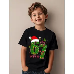 Kids' Christmas Number 6 & 7 Santa & Elf T-Shirt - Boys & Girls Short Sleeve Round Neck Top with Numbered Characters for Holiday Parties, Birthdays & Xmas Outfits (Machine Washable)