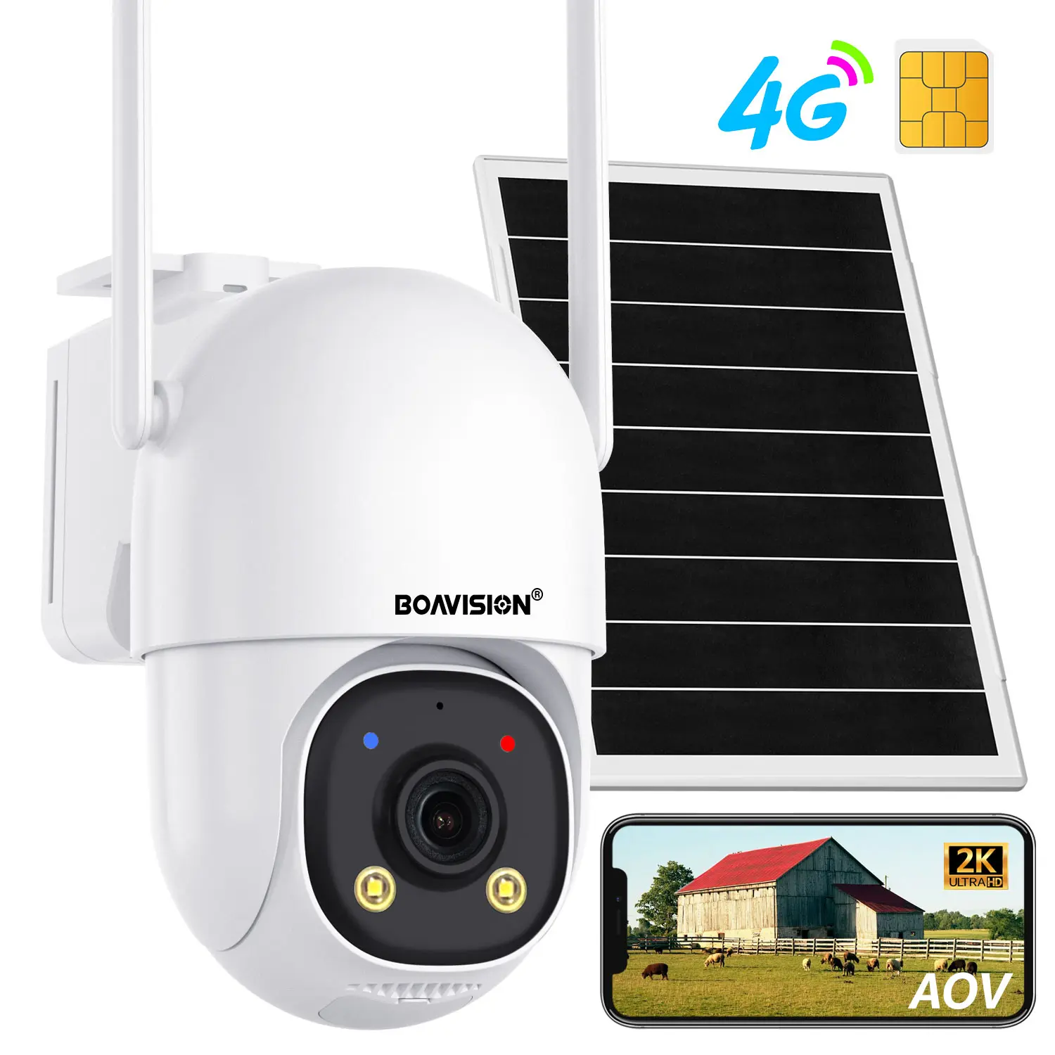 BOAVISION 4G LTE Cellular Security Camera Solar Powered, AOV Solar Powered No WiFi Security Camera Wireless Outdoor, 24/7 Recording, 2 Way Talk, 360° PTZ, 2K Color Night Vision, SIM Card Included