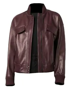 MotorCycleJackets Womens Maroon Leather Bomber Jacket