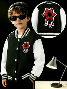 "Stranger Things" Boy Short Baseball Jacket Coat, Casual Jackets, Casual Sports School Uniform, Cartoon Pattern Design, Elastic Fabric, Kids Outdoor Indoor Activities