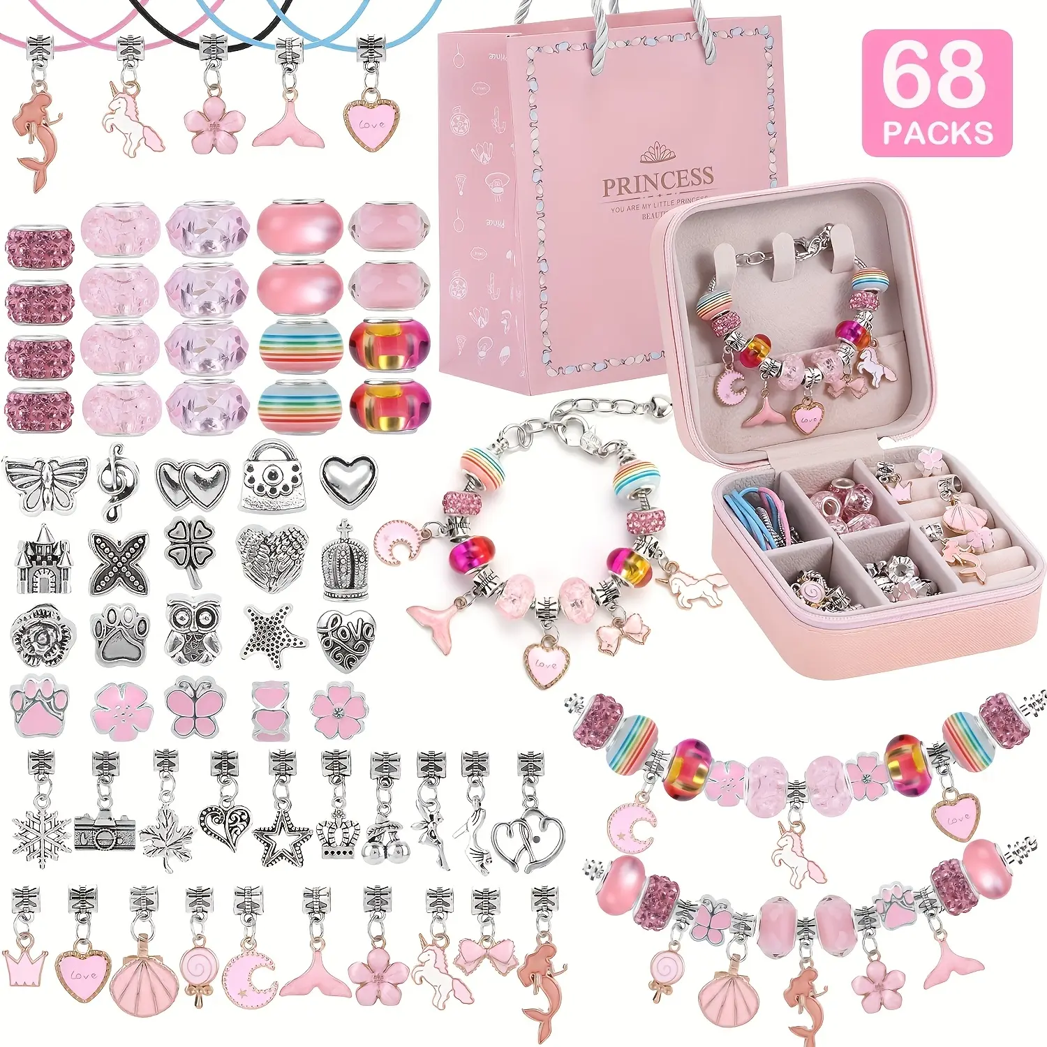 68pcs Pink Series DIY Beaded Bracelet Making Kit - Handmade Gifts, Bead Assortment, DIY Jewelry Accessories, Portable Storage Box, Birthday Craft Set