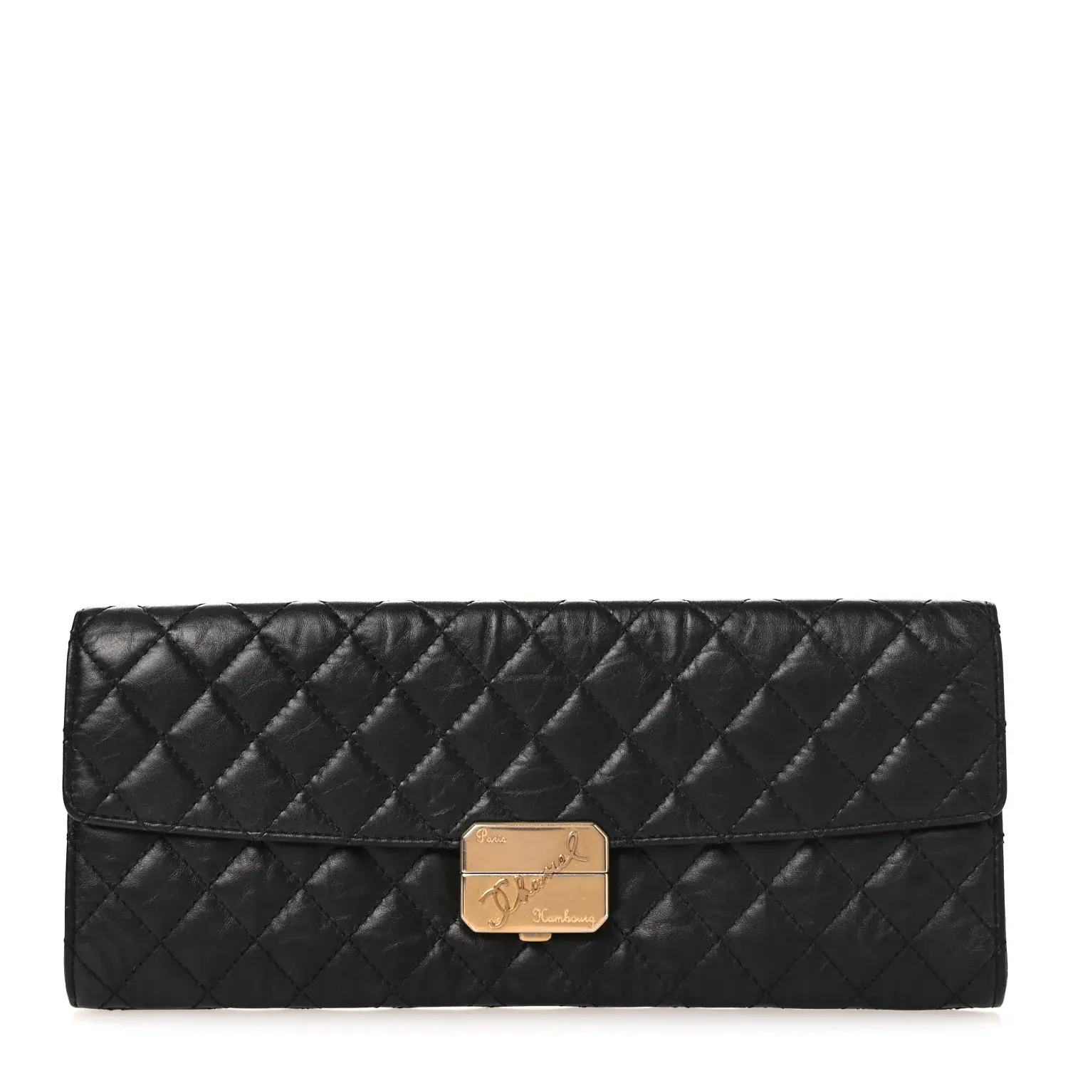 Pre-owned CHANEL Calfskin Clutches & Wristlets Metallic Aged Quilted Paris Hamburg Clutch Black