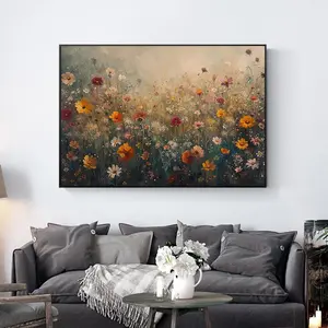 Vintage Floral Wall Art Wildflower Landscape Oil Painting Print Botanical Nature Poster for Living Room Bedroom & Office Decor Rustic Home Decor Framed Canvas Wrap Frame