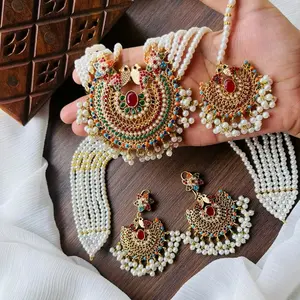 Nauratan Peacock Mala with Earrings and Tikaa Jewelry Set, Multi colored Peacock Long Necklace with Earrings and Tikaa