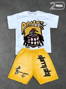 American Hip-Hop Cartoon Casual Set, Funny Graffiti Print T-Shirt + Distressed Shorts, Streetwear Unisex, Trendy Campus