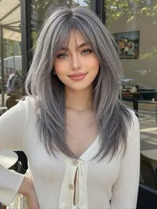Ash Grey Straight Wig with Fringe | Heat Resistant Fiber✨ Full Bangs Style
