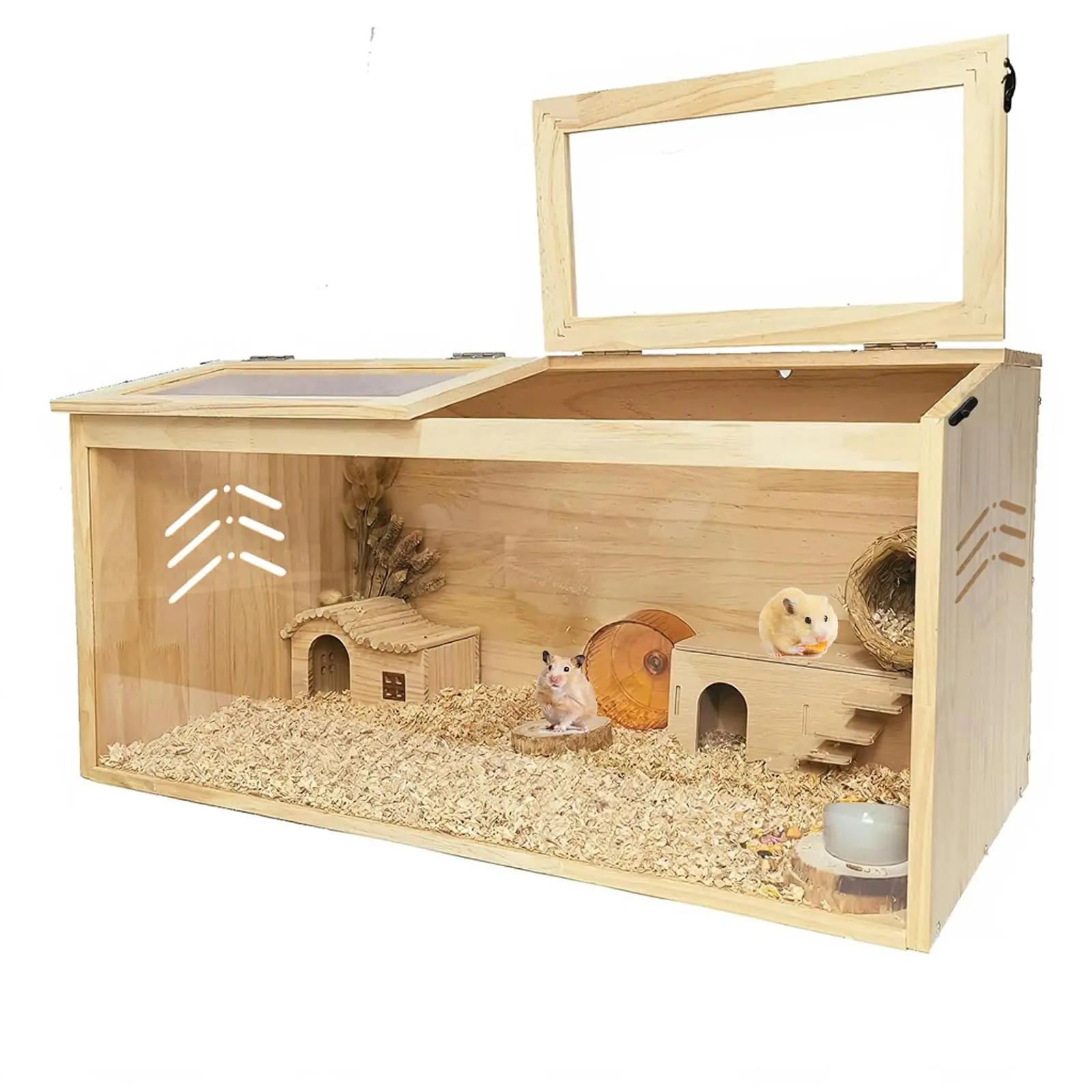 Large Wooden Hamster Cage with High Visibility Acrylic Panels, 31.5" Spacious Habitat for Syrian Hamsters Mice Gerbils, Chew-Resistant Pine Wood Small Animal House, 12 Ventilation Holes, Openable Lockable Top for Easy Clean, Aesthetic Pet Villa