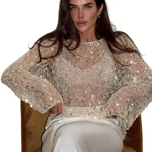 CELOT KEVER Personality Hot Girl Socialite Style Sequin Decorated Knitted Sweater Long Sleeve Top Women's Winter High-end Feel