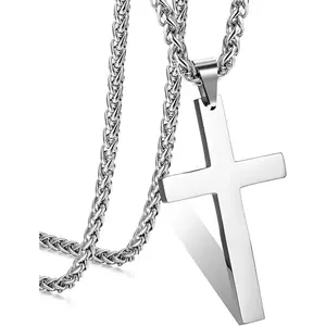 CASSIECA Stainless Steel Cross Pendant Chain Necklace for Men Women Long Large Cross Necklace Silver Tone 61CM