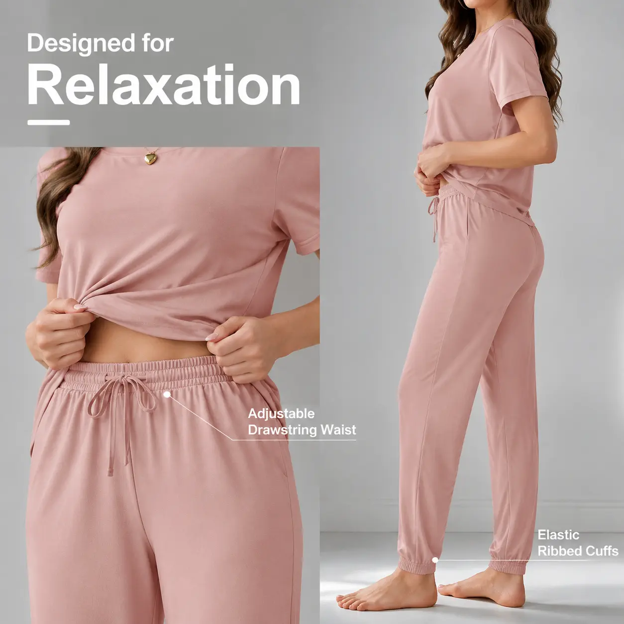 Women's 2-Piece Breathable Fabric Lounge Set - Casual Short Sleeve Top, Fake Drawstring Elastic Long Pants for Lounging & Sleeping basics day to night streetwear elevated basics