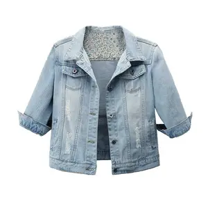 MaLinfandor Women's Autumn 3/4 Sleeve Retro Short Denim Jackets Light Blue Jean Coats Ripped Collared Fitted Casual Outerwear