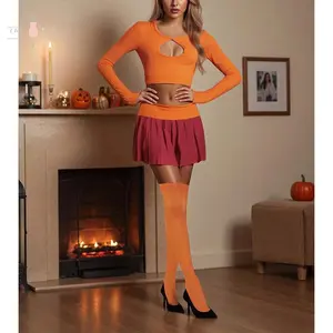 Women Skirt Set, Long Sleeve Hollowed Crop Top with Mini Skirt Stockings Clubwear Summer Outfit Fashion Orange