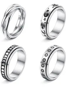 Stainless Steel Fidget Anxiety Ring for Women & Men, Moon Star Celtic Design, Stress Relief Spinning Ring, Wedding Band Set, Matching Rings, 4-6 Pcs, Spinner Rings