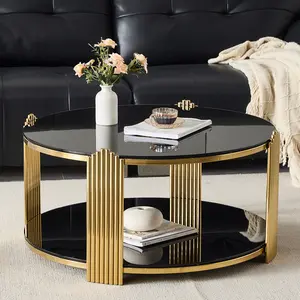 35inch Modern Coffee Table Living Room Center Table, Luxury Double-Layer Tempered Black Glass & Gold Stainless Steel Frame Living Room Table, Round Table,Easy Assembly