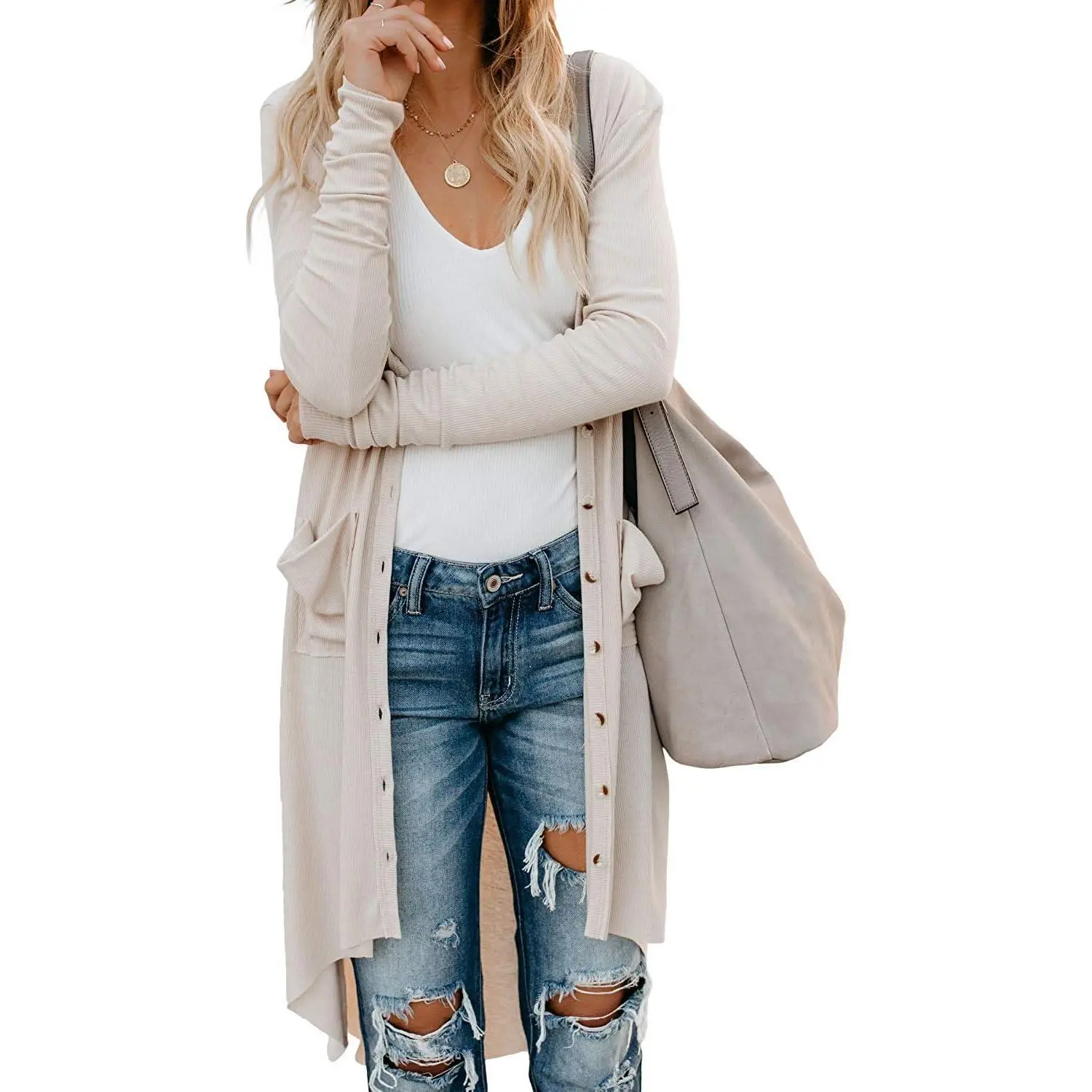 Lady's Basic Knitting Longsleeves Cardigan - Women's Solid Ribbed Knit Long Sleeve Button-Down Duster with High-Low Hem and Pockets, Casual Sweater, Tops, Casual Duster, Acrylic Knit, Open Front, Lightweight, Plain, Knitwear, Clothes, Loose-Fitting, Norma