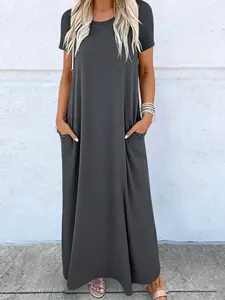 A women's fashionable new Minimalist Basic solid color crew neck Round Neck short sleeve dress with pockets, loose fit, versatile and casual, suitable for summer, daily wear, casual outfits, and travl vacations, Womenswear