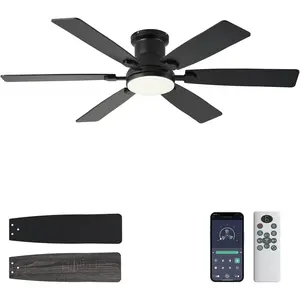 52inch Low Profile Ceiling Fan with Light and Remote/APP Control, LED Dimmable DC ReversibleModern, Flush Mount,6 ,Black Ceiling Fan for Bedroom Living Room/Outdoor Use