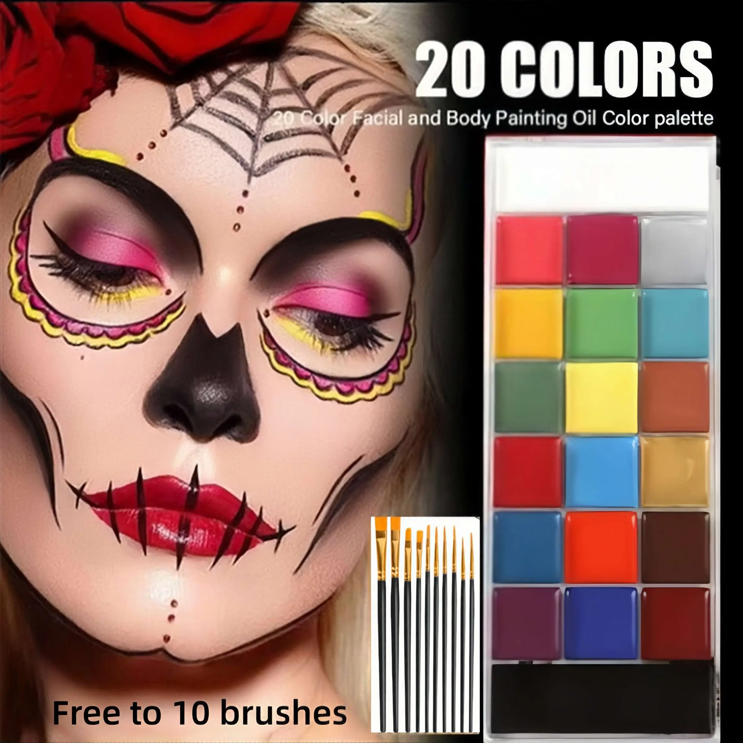 20 Color Oil Paint Set with 10 Brushes, Creative Face Painting Body Art Kit Palette, Party Supplies for Festivals Weddings Christmas Halloween