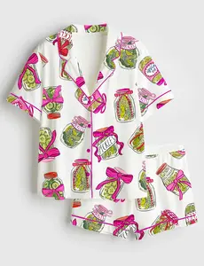 Women’s Pickle Lover Pink Bows Short Sleeve Pajama Set #pajamas