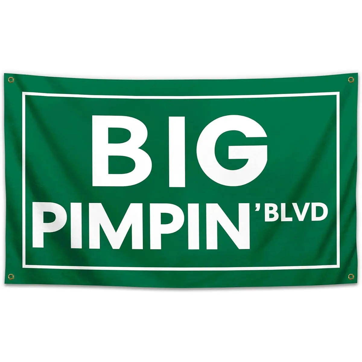 3x5ft Big Pimpin' Blvd Green Street Sign Flag with Humorous White Letter Print - Durable Synthetic Polyester Wall Tapestry, Indoor Party Banner, Guys Room Hanging Home Decor Supply, Funny Rap Meme Prank Gift