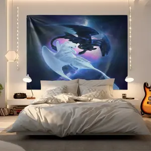 How to Train Your Dragon Toothless & Light Fury Tapestry, Fantasy Dragon Print, Soft Fabric Wall Hanging, Home Bedroom Decor, Perfect for Bedroom & Living Room Decor, Ideal Gift for Animation & Dragon Enthusiasts