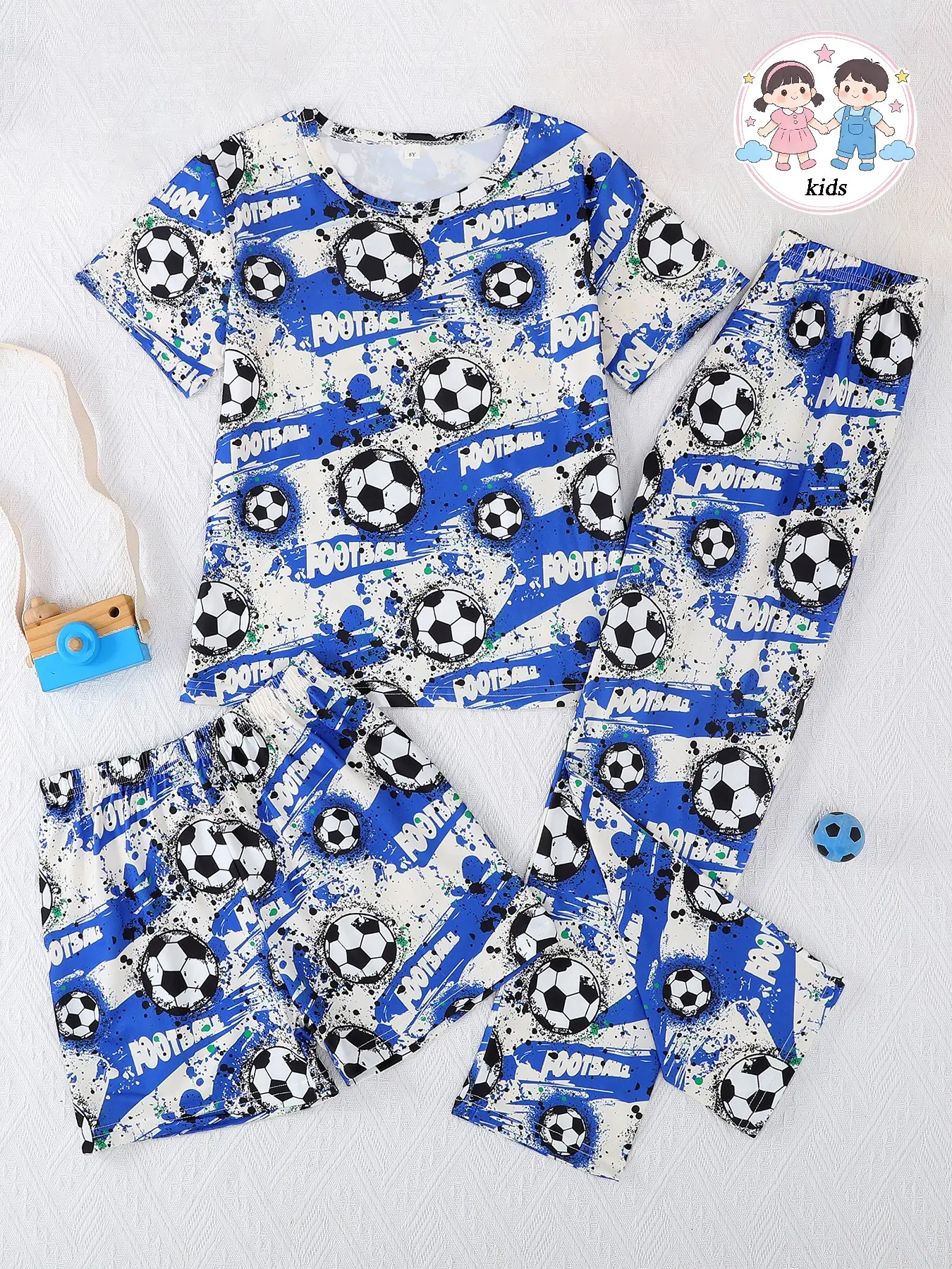 3-Piece Kids Casual Football Pattern Pajamas, Short Sleeve Round Neck Top and Pants Set, Flame Retardant, All Seasons