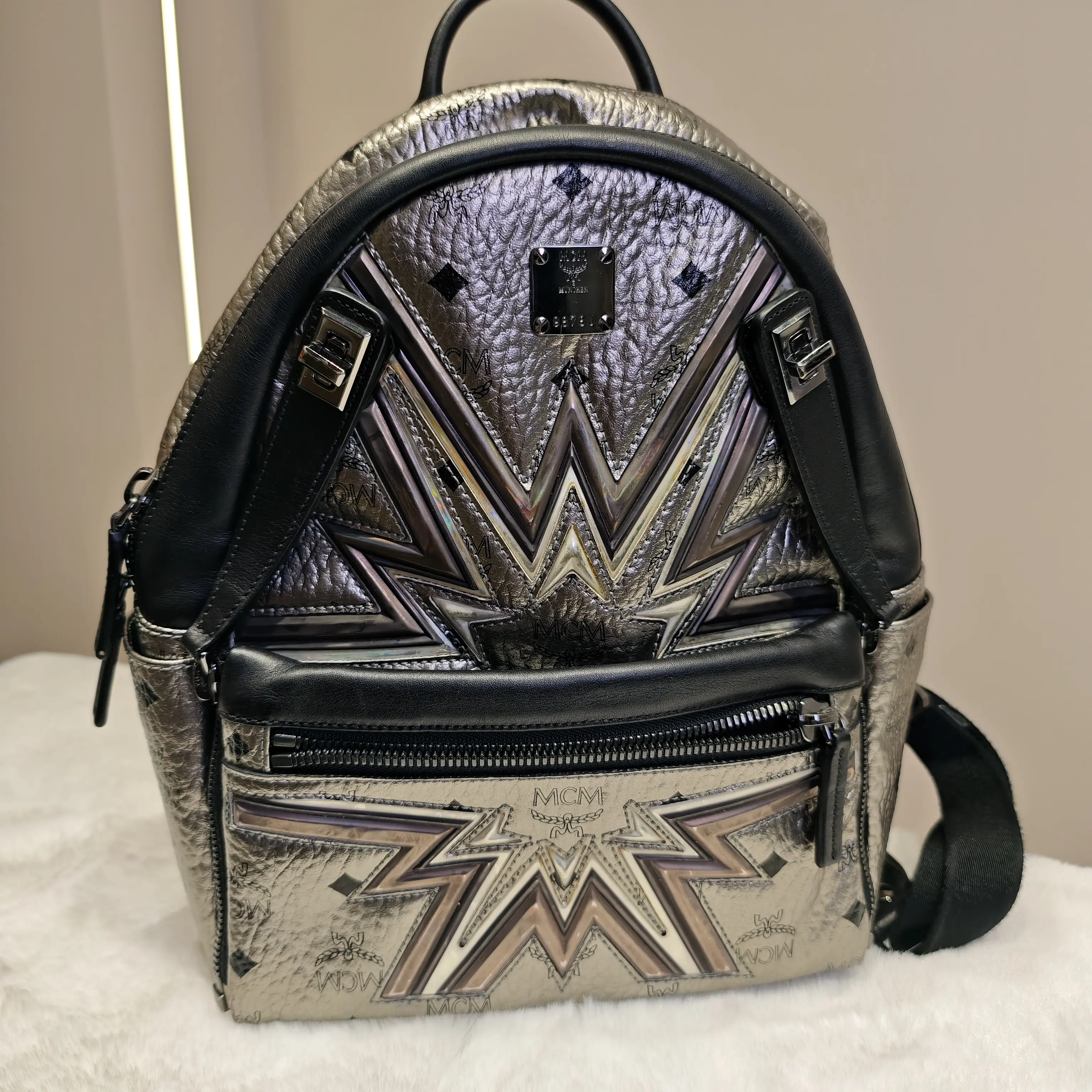Pre-owned MCM Space Inspired Silver and Black All Leather Shoulder Bag, Casual Statement Piece Masterpiece to Elevate Style