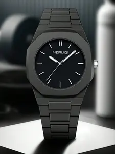 MERUIQI Black Elegant Round Analog Quartz Watch Waterproof with Sleek Black Dial and Bracelet Design from Mainland China