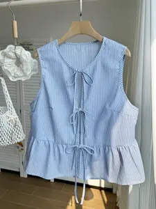 Women's Blue White Striped Sleeveless Tie-Front Blouse, Cute Bow Knot Peplum Hem Tank Top, 2026 Trendy Summer Casual Shirt for Preppy Aesthetic, Vacation, Daily Wear & Going Out, Sweet Girly Must-Have Fashion Top, Womenswear