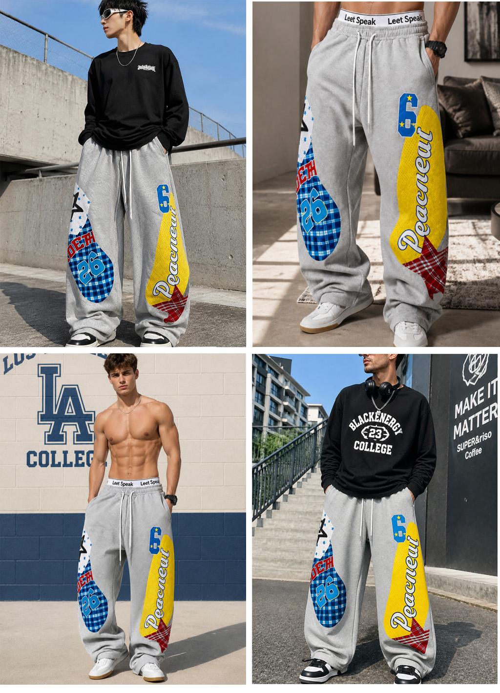 TELLFUN--Men's Low-Waist Y2k Grunge Barrel Sweatpants - Baggy Fit, Loose-Fitting Wide-Leg, Graphic Print Activewear with Adjustable Drawstring for Teens