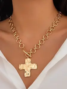 Gold Chunky Cross Necklace for Women Statement Cross Pendant Necklace Layered Hammered Bold Cross Necklace Vintage Toggle Clasp Necklace Jewelry For Easter Gift