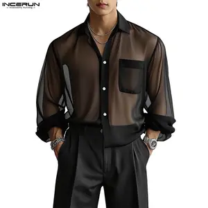 INCERUN Men's All-Season Sexy Sheer Tulle Long Sleeve Shirt, See-Through Button-Down Blouse for Nightclub, Date Night, Runway, Music Festivals, Layering
