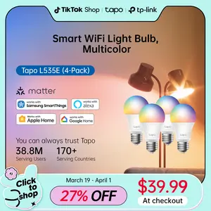 TP-Link T& Tapo L535E(4-Pack) Smart Light Bulbs, 1100 Lumens High Brightness (75W Equivalent), Matter-Certified, 16M Colors WiFi Light Bulb, Dimmable, Works w/Siri, Alexa & Google Home,A19 E26