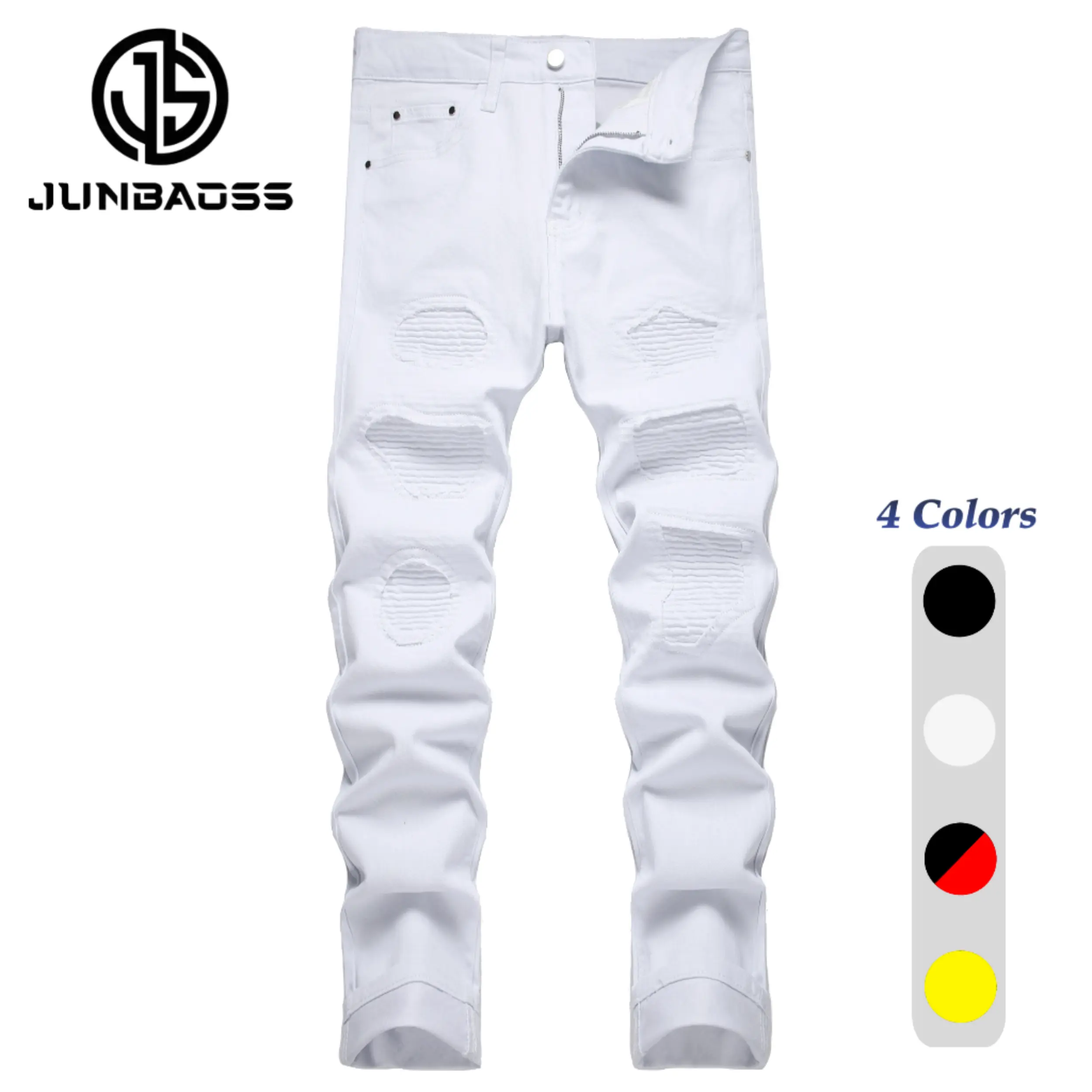 JUNBAOSS Men's Mid-Waist Slim Fit Stretch Ripped Denim Pants - Workout Plain Cotton Distressed Straight Leg Menswear Trousers, Streetwear Mens Fashion Clothes with Pockets for Casual Fall Wear summerwins,mens bottoms day giftsmen 2026 fashion
