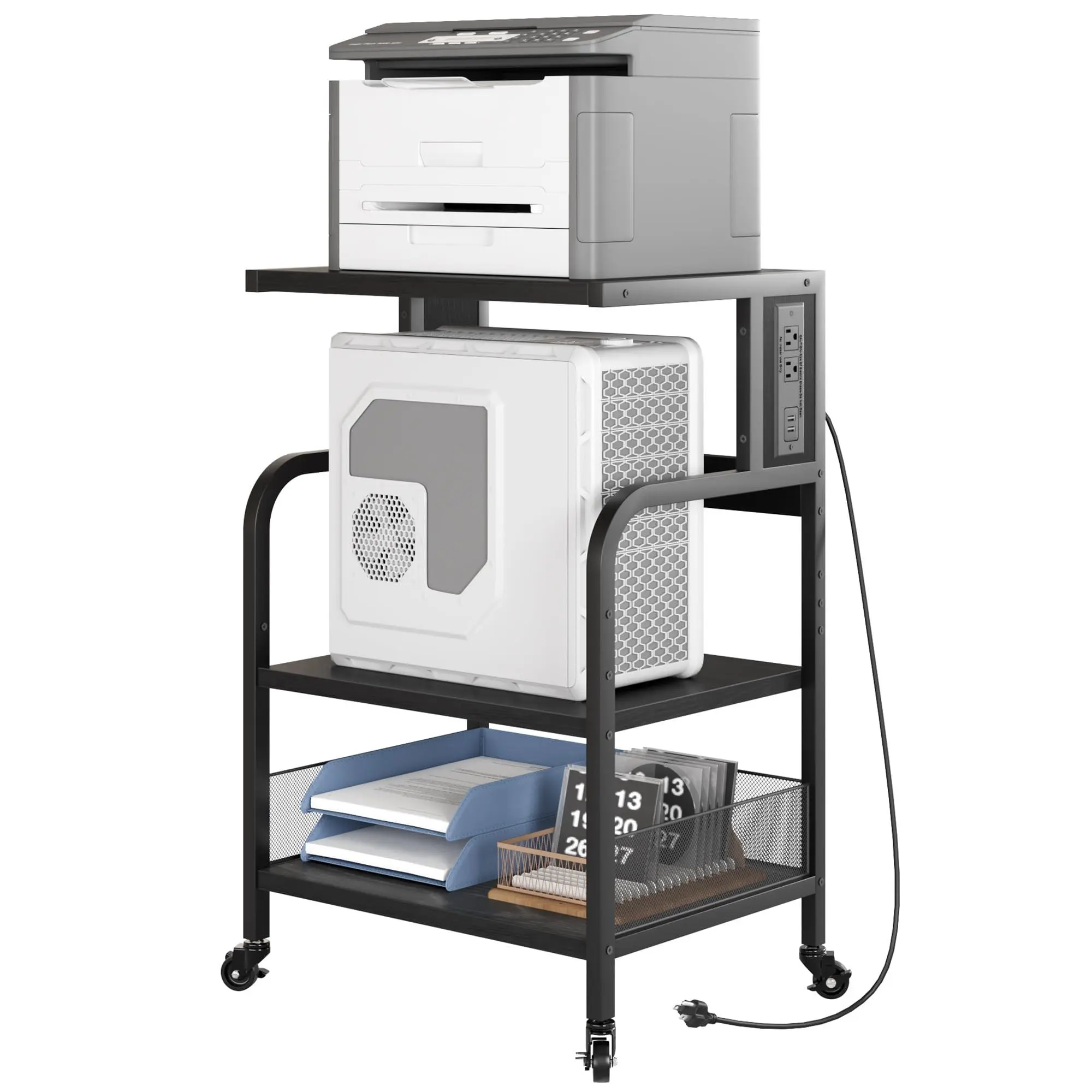 GARVEE Metal 3-Tier Lockable Rolling Printer Stand, Industrial Heavy-Duty Mobile Cart with Power Outlets, USB Ports, Adjustable Shelf, Black for Home Office Organization