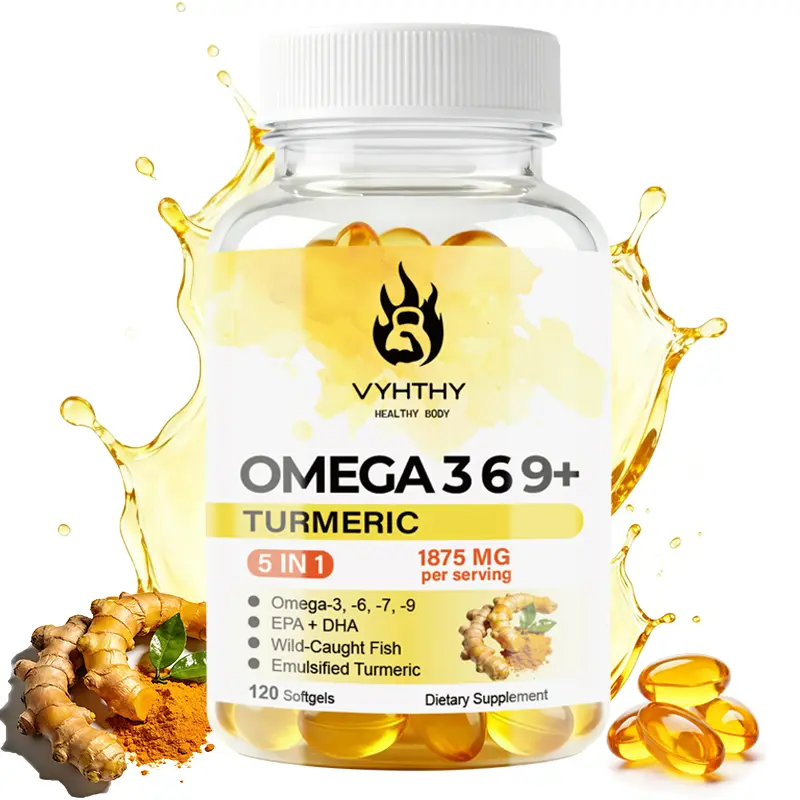 VYHTHY Omega 3 6 9 Fish Oil + 7 Turmeric Supplements 1875mg - 5 in 1 Premium Fish Oil Softgels with High EPA DHA, Borage & Macadamia Nut Oil, Emulsified Turmeric Root - Joint, Heart & Immune Support - 120 Softgels