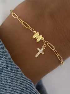 Initials Cross Charm Bracelet, Stainless Steel Paper Clip Chain Bracelet for Women, Fashion Jewelry for Party, Daily Clothing Decor, Trendy Exquisite Jewelry for Gift