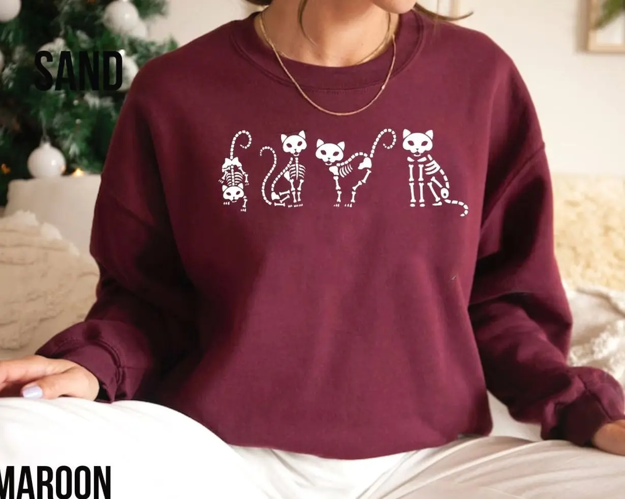 Cat Halloween Sweatshirt, Black Cat Skeleton Crewneck, Spooky Season Halloween Sweatshirt, Cozy Fall Cat Lover Apparel, Cute Autumn Outfit, Halloween Gift for Women & Men