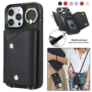 Lanyard Leather Zipper Wallet Card Phone Case for iPhone 17 16 Pro Max 15 14 Plus 13 12 Ring Flip Cover
