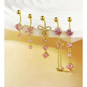 Belly Button Rings Gold Plated Silver Pink Clear CZ Belly Rings for Women Heart Bow Flower Butterfly Teardrop Dangle Navel Belly Button Piercing Jewelry