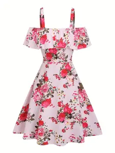 Stylish Women's Spring Summer Floral Print Fitted off Shoulder Ruffle Dress, Long Elegant Dress for All Seasons, Perfect for Casual Outings