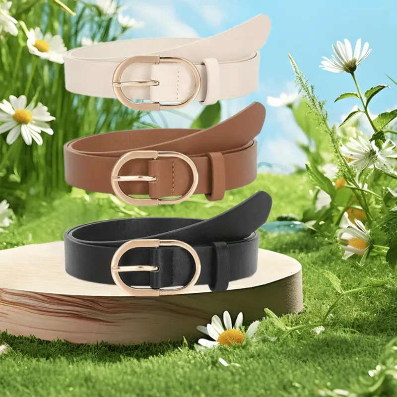 3pcs Handmade Women's Belts with Golden-Tone Metal Buckles - Black, White & Brown Belts
