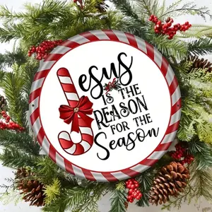 Aluminum Christmas Wreath Round Wall Art Holiday Home Decor for Living Room Bedroom Kitchen House Gift Idea 7.8 Inch