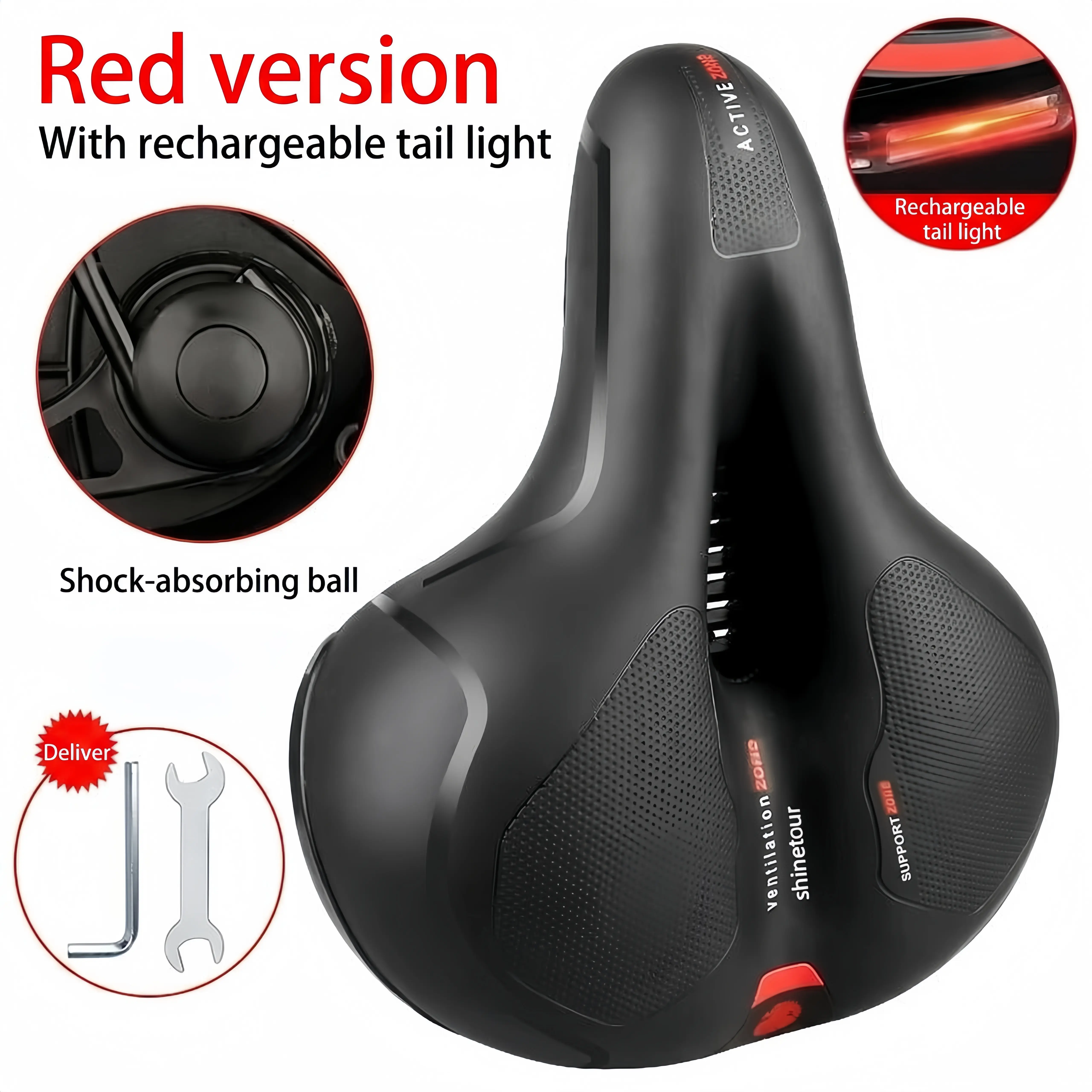 [Newly Upgraded] Unisex Adult Black Gel Foam Bicycle Saddle with Rechargeable Light, Battery-Powered Rear Light, Shock Absorption, Waterproofing, Breathability, Spacious Comfort for Long-Distance & City Biking, Reflective Strip, Fits Mountain/Road Bikes,,