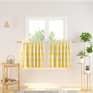 24 Inches Long Cafe Curtains 2 Panels Buffalo Plaid Kitchen Tiers Rod Pocket Gingham Check Short Small Half Window Curtains for Bathroom Yellow & White