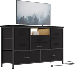 【GARVEE】Wide Dresser with 8 Large Drawers for 55" Long TV Stand, Fabric Drawer for Bedroom with Power Outlet, Chests of Drawers for Bedroom, Living Room, Closet, Entryway, Living Room Storage - Black