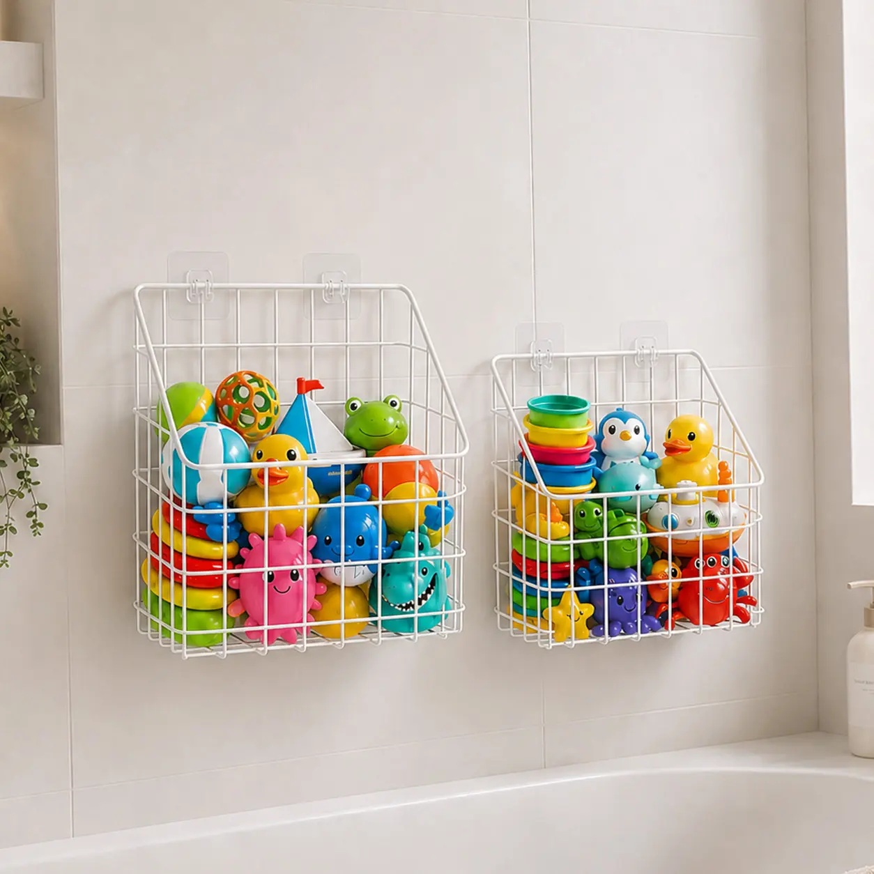 Greentainer 2-Pack Cute Frog Steel Wire Home Organizer - No-Drill Hangable Wall-Mounted Caddy, Multi-Size Nursery Bath Toy Storage for Tub Toys, Vanity Use