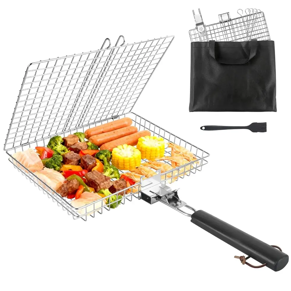 Fish Grill Basket for Outdoor Grill, Grilling Basket With Removable Handle, Portable BBQ Set Barbecue Rack for Shrimp Pork Veggies, Camping Grilling Accessories With Brush, Metal Skewers and Carry Bag